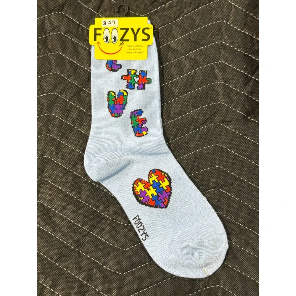 Foozys Crew Socks Women 9-11 Blue NWT Puzzle Piece Heart‎ Awareness Novelty